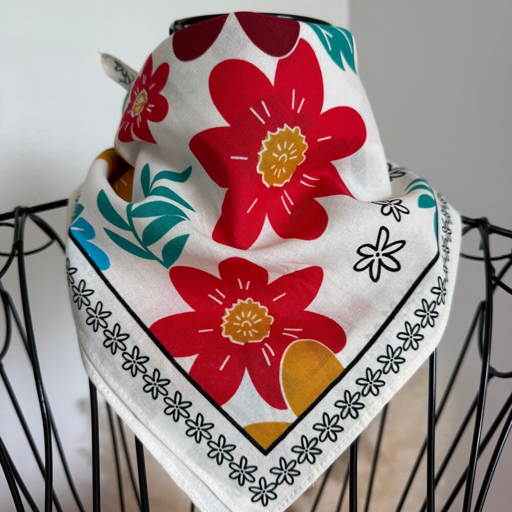 Boutique White Red Yellow Floral Cotton Bandana Boho Cottage Western NEW - Picture 3 of 5